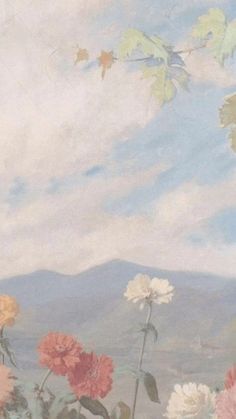 an oil painting of flowers in the foreground with mountains in the background and clouds in the sky