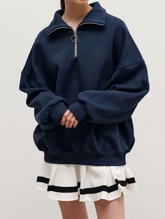 Solid Lapel Neck Half Zip Sweatshirt Relaxed Fit Half-zip Top For Streetwear, Navy Long-sleeve Sweatshirt With Ribbed Collar, Navy Long Sleeve Sweatshirt With Ribbed Collar, College Drop Shoulder Sweatshirt, Navy Half-zip Sweatshirt For Fall, Navy Long Sleeve Sweatshirt, Navy Half-zip Casual Sweatshirt, Casual Navy Half-zip Sweatshirt, Oversized Tops For College In Fall