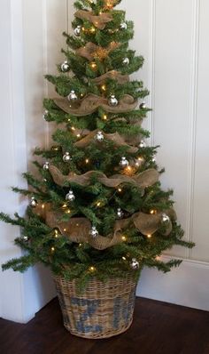 a small christmas tree in a basket with lights