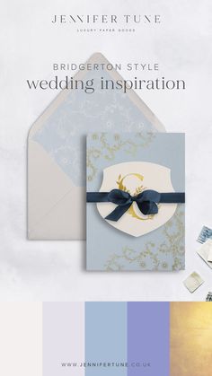 the wedding card is shown with blue and gold accents