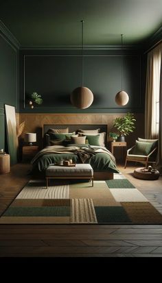 a bedroom with dark green walls and furniture