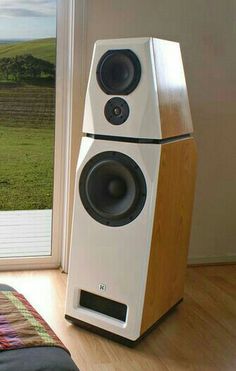 a pair of speakers sitting on top of a hard wood floor next to a sliding glass door