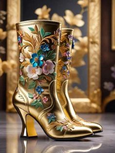 Artsy Shoes, Mode Shoes, Gold Heels, Fantasy Fashion, Bridal Couture, Digital Graphics, Graphic Artist, Couture Fashion, Fashion Boots