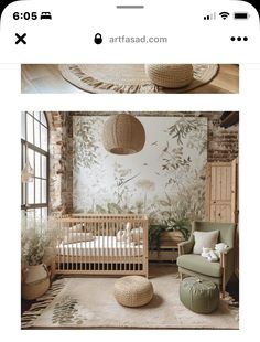 an image of a baby's room with flowers on the wall and a crib