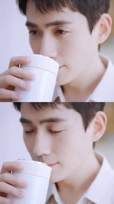 a man drinking from a white cup with his eyes closed