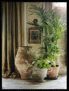 three potted plants sitting on top of a wooden table next to a painting and window