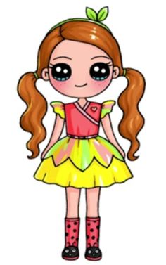 a cartoon girl with long hair and big eyes wearing a red shirt and yellow skirt