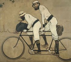 two men riding on the back of a bicycle