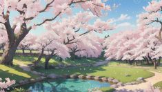 a painting of trees with pink flowers near a pond and rocks in the grass,