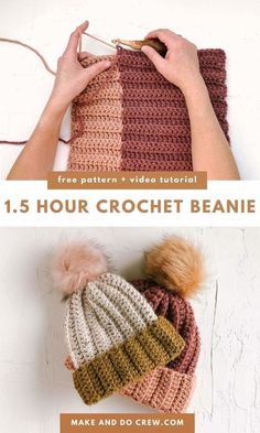 the crochet beanie is made with two different colors