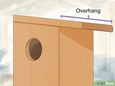 a wooden door with an opening hole in the middle and measurements above it to show what is inside