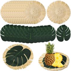 the pineapple, banana and other tropical fruits are arranged on wicker trays