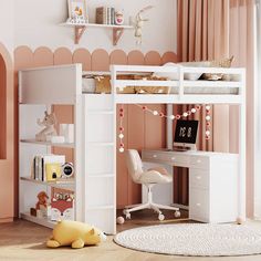 a child's bedroom with pink walls, white desk and shelves filled with toys