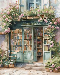 a painting of a book store with flowers growing on the front door and bookshelves