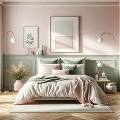 Pink and Sage Scandinavian-style bedroom Safe Green And Pink Bedroom, Soft Pink Interior, Light Pink Guest Bedroom, Cute Adult Bedroom Ideas, Pink Scandinavian Bedroom, Scandinavian Bedroom Green, Pale Pink And Green Bedroom, Dusty Pink And Green Bedroom, Rose And Sage Bedroom