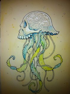 a drawing of a jellyfish with a human skull on it's back side