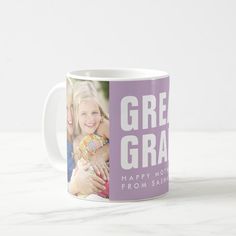 a coffee mug with the words great grandma on it and a photo of two women