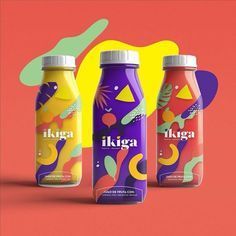 three different types of juice on a pink and yellow background with the words ikega above them