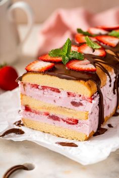 This super easy strawberry ice cream cake is a stunning and delicious dessert made with just 4 ingredients! With layers of creamy strawberry ice cream, rich pound cake, fresh strawberries and chocolate topping, this no-bake dessert is perfect for any summer gathering.