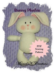 bunny plushie sewing pattern for stuffed animal doll, soft toy with pink ears and tail