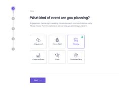 the landing page for what kind of event are you planning?, which includes icons and buttons