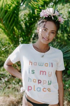 Escape to paradise in our most colorful graphic tee shirt yet! Hawai'i is the happiest place for so many locals and visitors, from our inviting oceans to unique aloha spirit. Also enjoy our HAWAI'I IS MY HAPPY PLACE PIN. Hula Dance, Hula Dancers, Aloha Spirit, Hawaiian Culture, Hawaiian Vacation, Island Vibes, Graphic Tee Shirt, Hawaiian Style