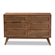 the sideboard is made from wood and has wicker panels on it, as well as