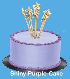 there is a purple cake with gold stars on top and the words shiny purple cake above it