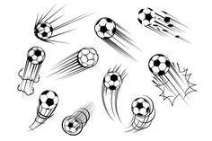 soccer balls flying through the air and kicking up their kicks, in black and white