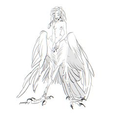 a drawing of a woman sitting on top of a bird