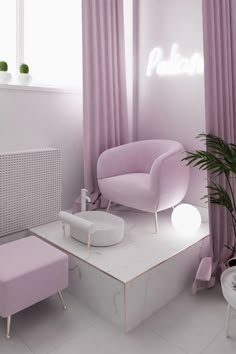 a living room with pink furniture and curtains