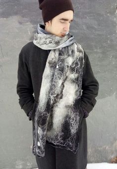 "Black and white gentleman's scarf, Nuno-felted men's wrap, Handcrafted felt muffler, Masculine merino wool scarf, Stylish unisex scarf     Warm felt scarf is made in the wet felting technique. It is a double-sided grunge style scarf, which is perfect for both women and men.  Winter warm scarf is very light and soft is very comfortable and will emphasize the bright personality of its owner. It is completely made of environmentally friendly materials. Handmade with love and care, this stylish and Felt Clothes, Felting Diy, Felt Scarf, Needle Felting Diy, Felted Wool Crafts, Wool Accessories, Nuno Felt Scarf, Merino Wool Scarf, Scarf Wool