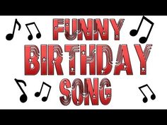 the words funny birthday song are surrounded by musical notes and music staffs on a white background