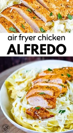 chicken alfredo on a plate with text overlay