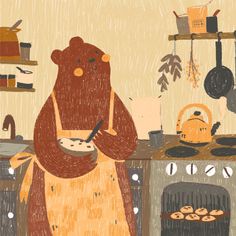 a drawing of a bear cooking in the kitchen