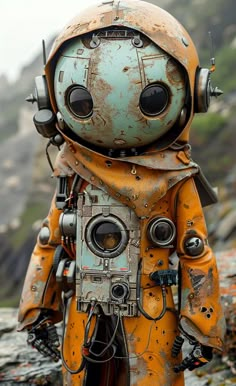 an old, rusty robot is standing on some rocks and looking at the camera with big eyes