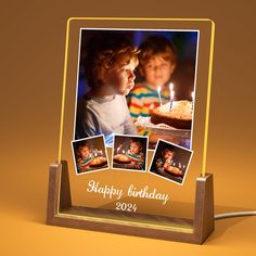 a birthday card with photos of children blowing out the candles on a cake that has been placed on a wooden stand