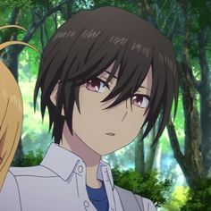 two anime characters standing in front of trees and bushes, one is looking at the camera