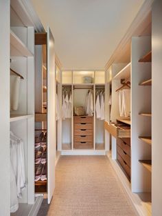 an empty walk in closet with lots of drawers