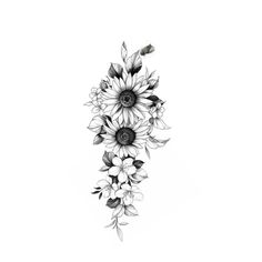 a black and white drawing of sunflowers with leaves on the bottom right side