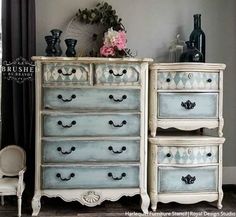 an old dresser is painted blue and white