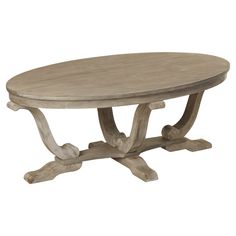 an oval wooden table with two legs and a circular top, on a white background