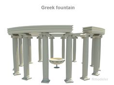 the greek fountain is white and has four pillars