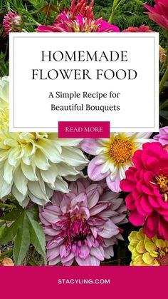 colorful flowers with the words homemade flower food written in pink and white above it is an image