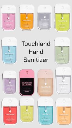 many different colored tags with the words touchland hand sanitizer