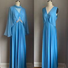 "* 1970's * polyester and chiffon * zipper up the back of dress * separate capelet has hook closures  * unbranded  Condition | Excellent Ladies Size Medium - a bit of stretch to the polyester fabric  Length 56\" Bust 36\" to 38\" Waist 32\" to 34\" Hips free Instagram | ladyjanevintage" Sky Blue Maxi Dress, Seventies Fashion, Blue Maxi Dress, Angel Sleeve, Blue Maxi, Free Instagram, Maxi Dress Blue, Vintage 1970s, Sky Blue