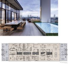 the floor plan for an apartment with swimming pool and outdoor dining area in front of large windows