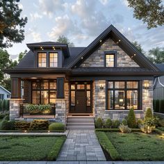 a house that is in the evening with lights on and landscaping around its front yard