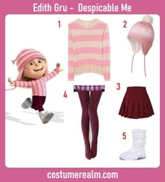 How To Dress Like Edith Gru Costume Guide For Halloween Agnes Margo Edith Costume, Edith Costume Despicable Me, Despicable Me Outfit Ideas, Edith Despicable Me Costume, Despicable Me Characters Costumes, Gru Costume Girl, Gru Outfit, Halloween Costumes Blonde Characters, Edith Despicable Me