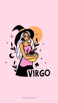 a woman in a witches costume holding a tray with flowers on it and the words virgo written below